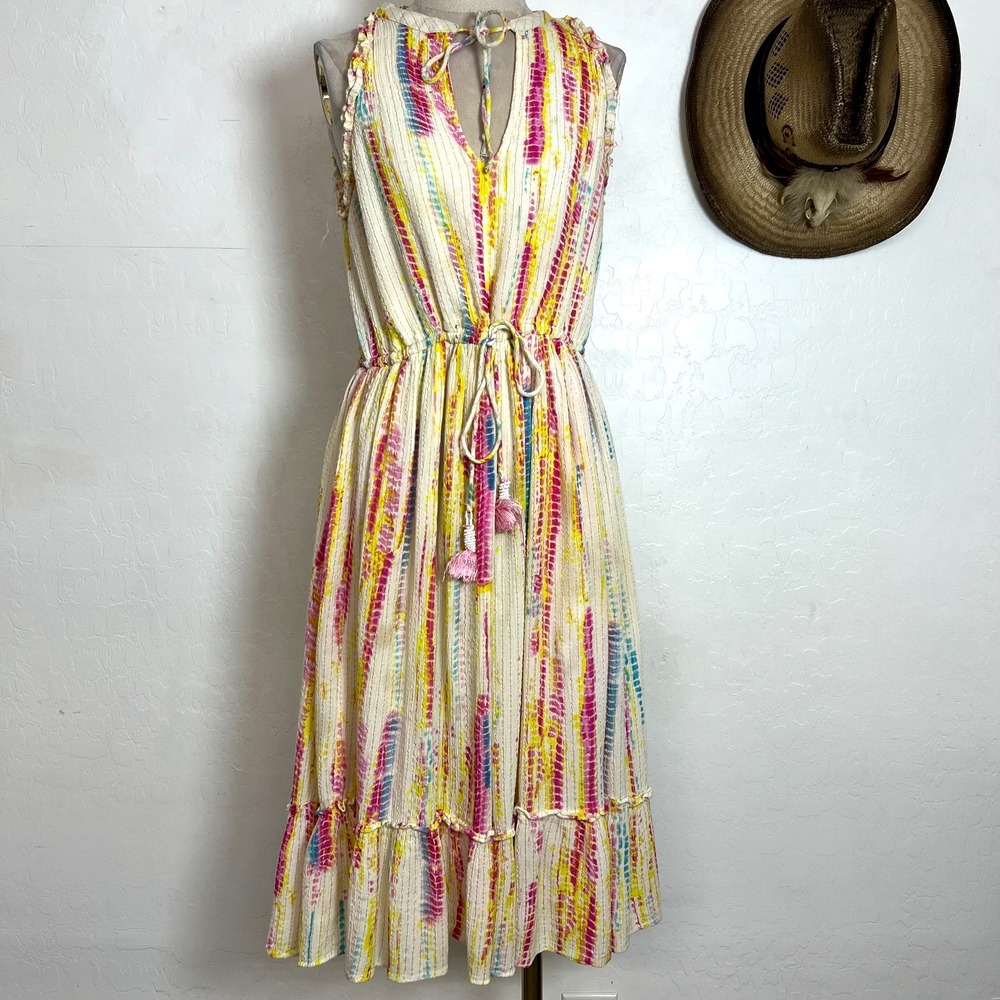 Black Tape Tie Dye Midi Dress Smocked Metallic Gold Thread Tassel Trim P/M